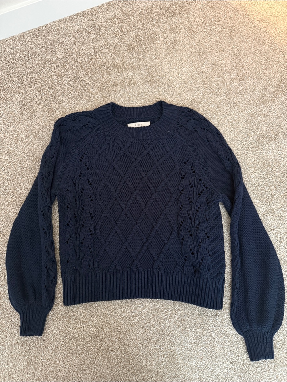 LOFT Navy Textured Cable Crewneck Sweater